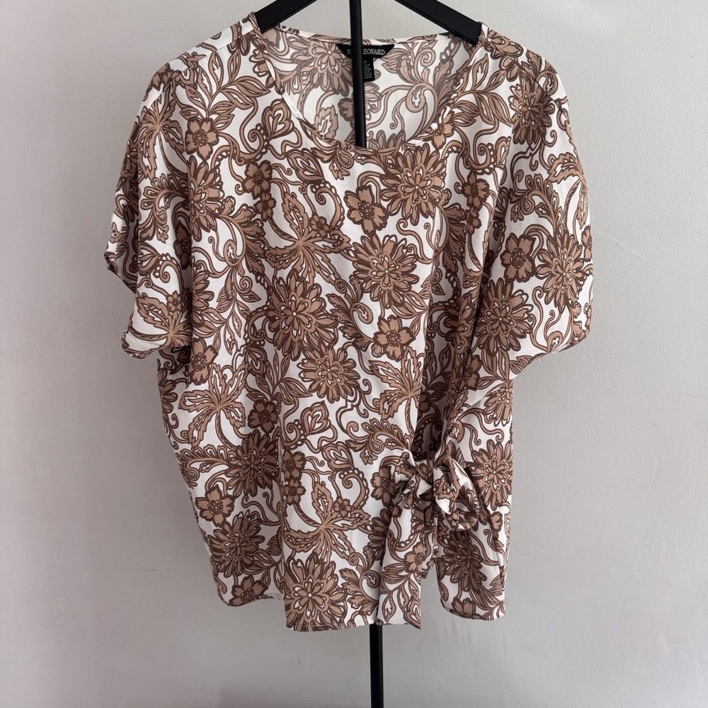 💙Nina Leonard Brown Floral Blouse M Boho Top Short Sleeve Tie Front Retro Print